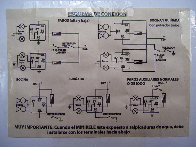 Esquema de conexin faros y bocina con minirelays