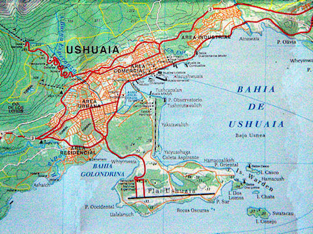 Mapa de Ushuaia, pennsula, baha y zona montaosa