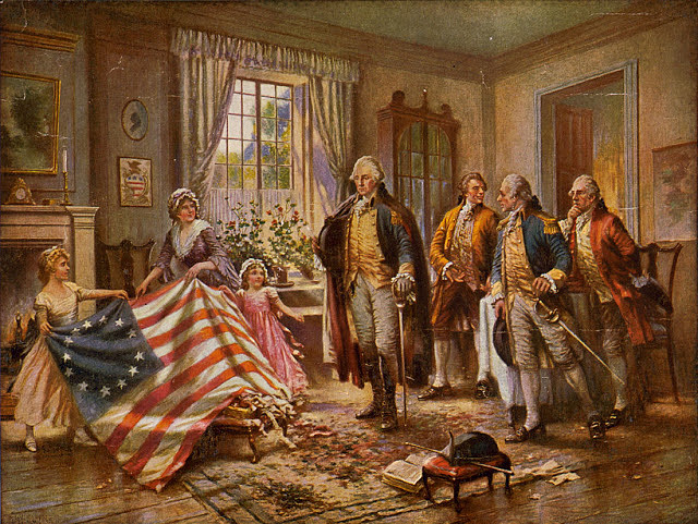 El nacimiento de la vieja gloria de Percy Edward Moran (c. 1917), representa la presentacin imaginada por Betsy Ross de la primera bandera americana a George Washington .