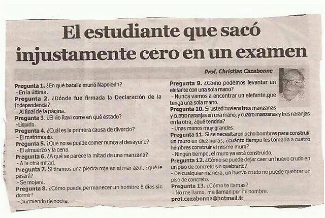 el estudiante que sac? injustamente un cero en un examen