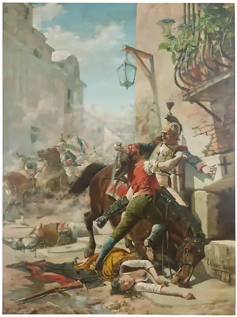 Malasaña y su hija se baten contra los franceses en una de las calles que bajan del parque a la de San Bernardo. Dos de mayo de 1808-1