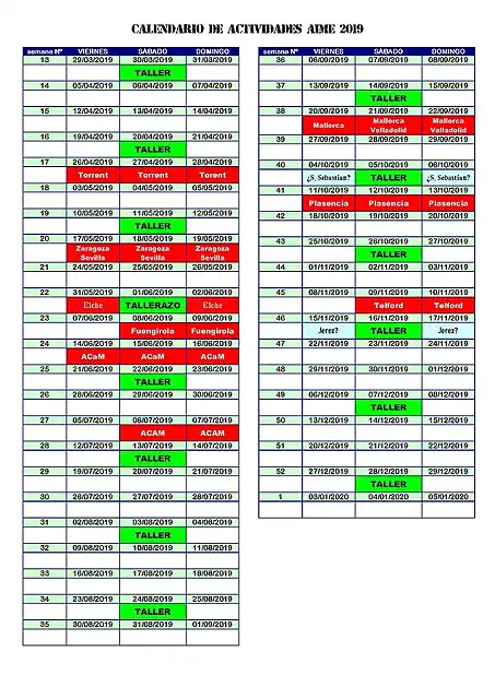 2019 CALENDARIO ACTIVIDADES cada 15 x