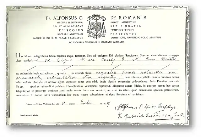 certificado vaticano lignum crucis