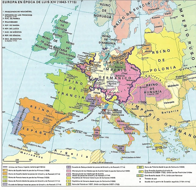 Mapa de Europa en la época de Luís XIV.