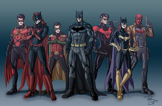 bat_family_reboot_by_qbatmanp-(red robin tim d- batwoman kate kane-robin damian wayne-batman-nightwing dick- batgirl babara-red hood jason)