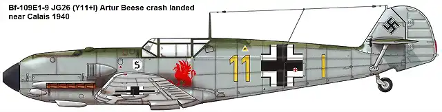 Artwork-Bf-109E1-9.JG26-(Y11+I)-Artur-Beese-crash-landed-near-Calais-1940-0B