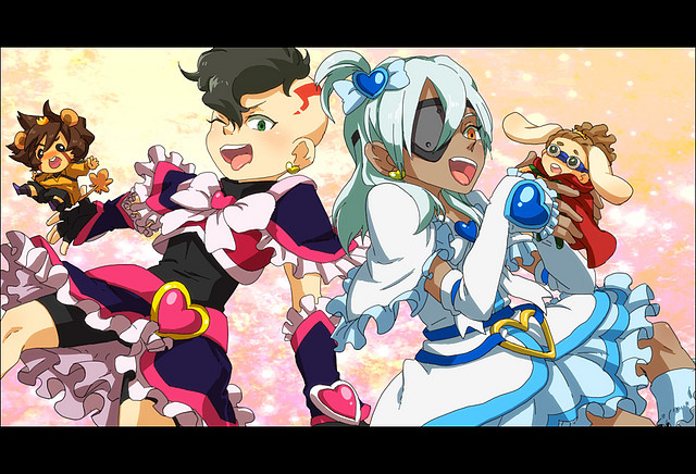 48628 - animal_ears black_hair brown_hair cosplay crossdressing dark_skin eyepatch fudou_akio genda_koujirou inazuma_eleven kidou_yuuto miniboy parody pretty_cure sakuma_jirou white_hair