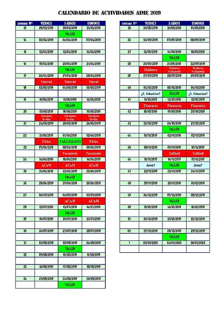 2019 CALENDARIO ACTIVIDADES cada 15