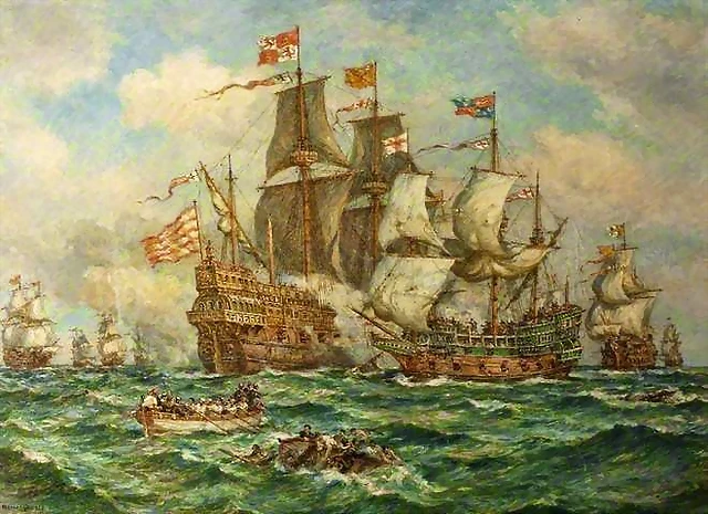 Accin herica del HMS Revenge contra la flota espaola1541. leo sobre lienzo Russel Cotes Art Gallery and Museum.Bernard Finegan Gribble.