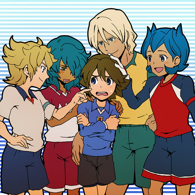 31224 - 5boys bjorn_kyle blond_hair blue_hair brown_hair dark_skin fideo_ardena green_hair inazuma_eleven mark_kruger rococo_ulpa