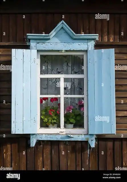 cabana-rusa-de-madera-marron-con-persianas-azules-cerca-del-lago-baikal-con-flores-2f4466m