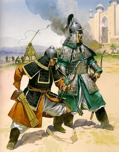 20-Asedio mongol de una ciudad asitica probablemente de Samarcanda. Dos jinetes pesados en primer plano, al fondo un trebuchete. Autor Angus McBride