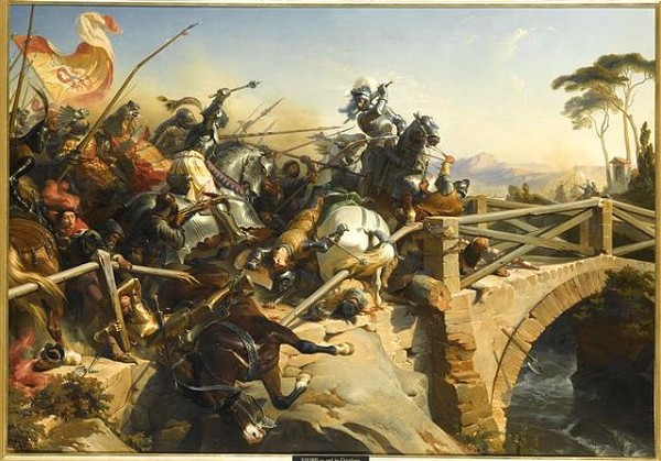 Bayard defend el pont Garigliano, por Henri-Felix Emmanuel Phillippoeaux.1839