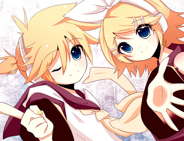 Konachan.com - 122124 blonde_hair blue_eyes blush headphones kagamine_len kagamine_rin ribbons short_hair tie vocaloid white wink