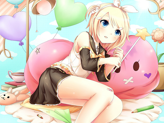 Konachan.com - 120041 blonde_hair blue_eyes bow kagamine_rin ponytail sakakidani short_hair skirt vocaloid