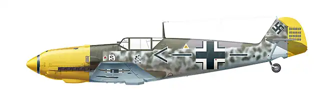 16. Bf 109E-4N (Wk-Nr 5819) 'Black Chevron and Bars' flown by Oberstleutnant Adolf Galland, Geschwaderkommodore JG 26, December 1940