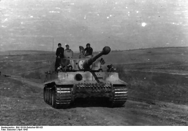 Tiger I heavy tank of the German 2nd SS Panzer Division 'Das Reich' at Kharkov, Ukraine, Apr 1943,