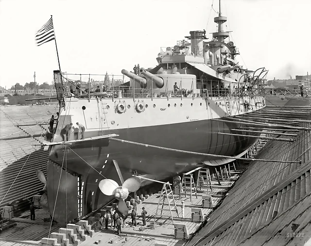 1898. U.S.S. Oregon in dry dock, Brooklyn Navy Yard.