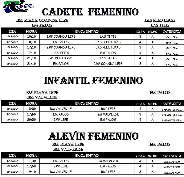 CALENDARIO CADETE,INFANTIL Y ALEVIN FEMENINO