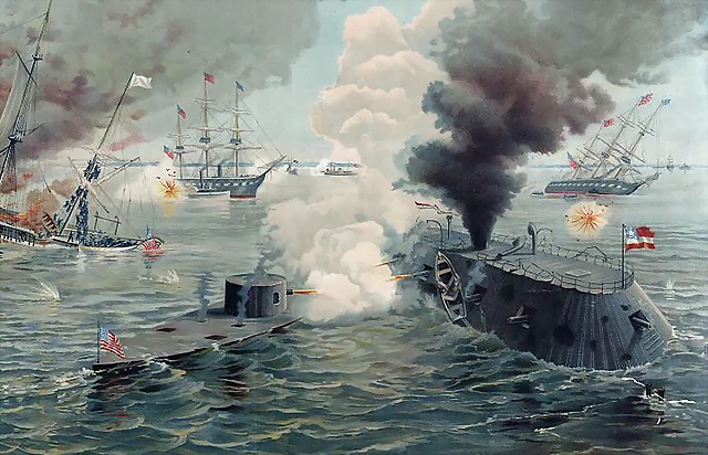 Una litografa colorida representa el 09 de marzo 1862, la batalla entre el USS Monitor (izquierda) y el CSS Virginia. Ambos buques de guerra fueron los primeros acorazados construidos por ambos bandos en la