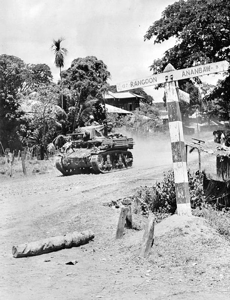 20-Stuart  light tank of and Indian cavalry regiment advancing toward rangoon.Apr 1945