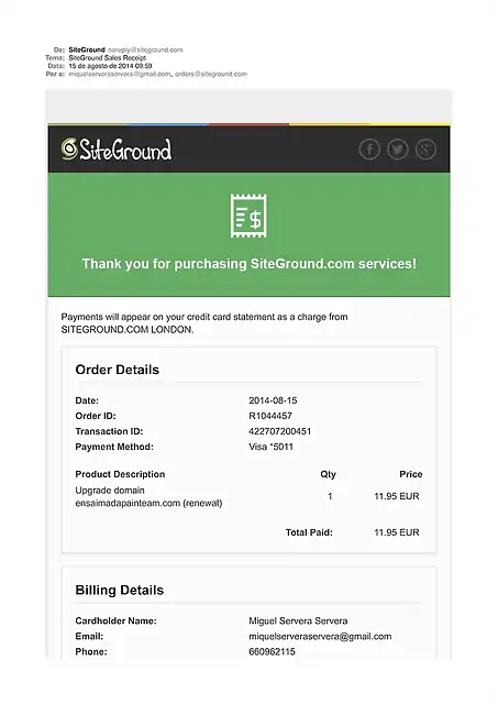 SiteGround Sales Receipt