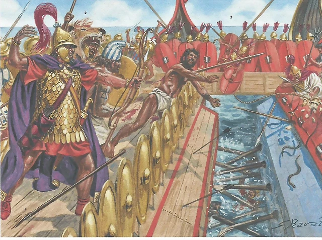 Batalla de Milas.los marinos romanos cruzando con el Orvus, los cartagineses les arrojan de todo, incluso culebras.Autor Giovanni Rava.