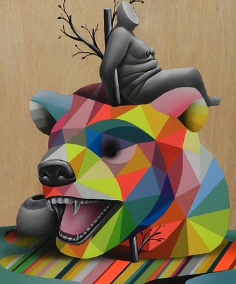 okuda_bear_hunter_hunted_esmalte_sintetico_y_acrilico_sobre_madera_65x54