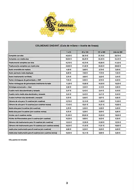 Tabla de precios-Dadant