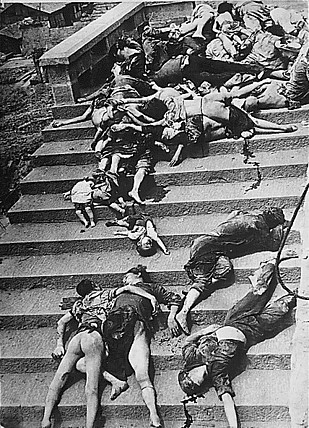 Casualties of a mass panic during a June 1941 Japanese bombing of Chongqing. More than 5000 civilians died during the first two days of air raids in 1939[19]