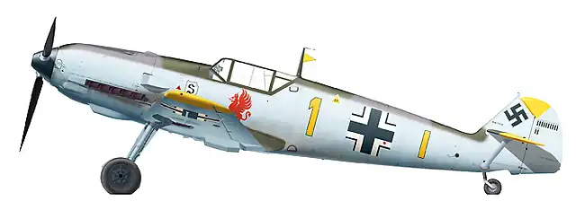 21. Bf 109E-4 'Yellow l' flown by Oberleutnant Gerhard Schopfel, Staffelkapitan of 9.JG 26 'Schlageter', August 1940