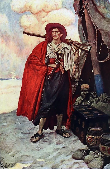 Pirata antillano con su tpico atuendo, armas y vituallas. Howard Pyle.