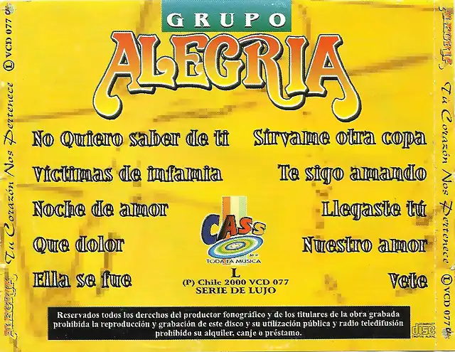 Alegria - Tu Corazon Nos Pertenece (2000) Trasera