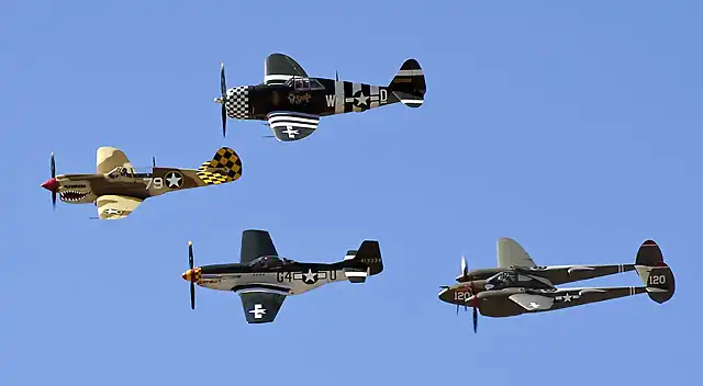 P-40-Warhawk-P-51-Mustang-P-47-Thunderbolt-P-38-Lightning-fly-in-formation