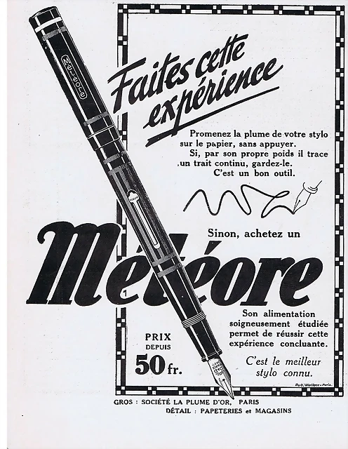 PUBLICITE ADVERTISING 044 1928 METEORE le meilleur stylo plume connu PUBLICITE ADVERTISING 044 1928 METEORE le meilleur stylo plume connu