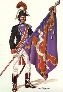 Soldado del Regimiento Real de Zapadores Minadores portando la bandera batallona que particip? en la batalla de Bail?n