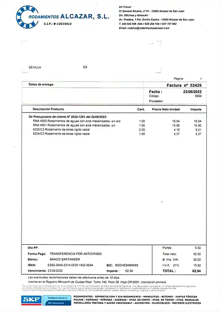 factura ultimos rodamientos