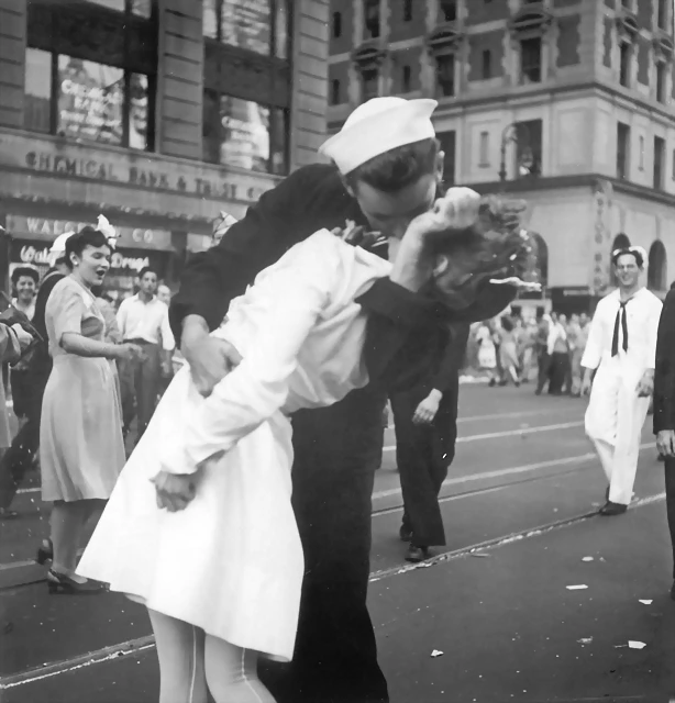 August 14, 1945 A sailor and a nurse kiss passionately in Manhattan's Times Square, as New York City celebrates the end of World War II. The celebration followed the official announcement that Japan had accep