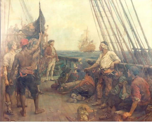 la tripulacion de un barco corsario divisa un navo. Bernard Finegan Gribble.