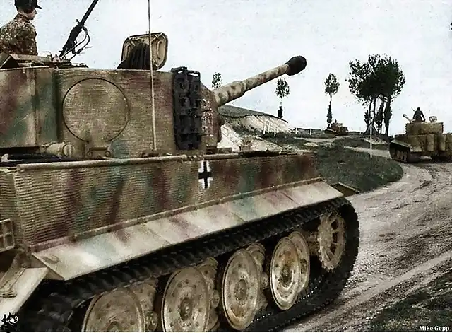 Tiger I Panzer VI 101st Heavy Tank Battalion on Road 316 to Mogny Normandy France June 7 1944 this tank captained by Unterscharfuhrer SS Ewald Moli under Michael Wittman