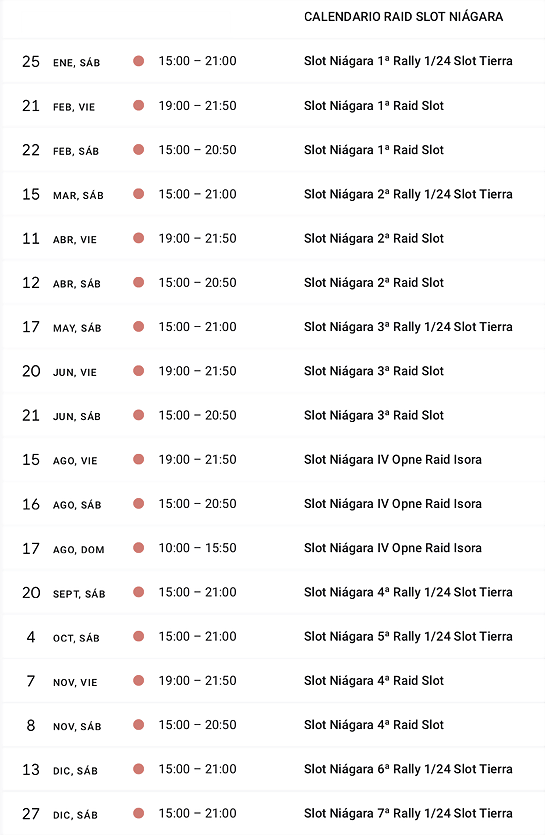 CALENDARIO RAID SLOT NIA&#769;GARA 2025