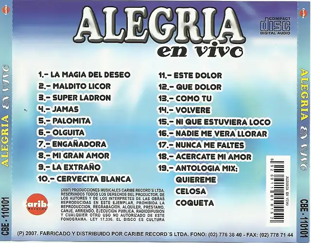 Alegria - En Vivo Desde Pan De Azucar (1996) Trasera