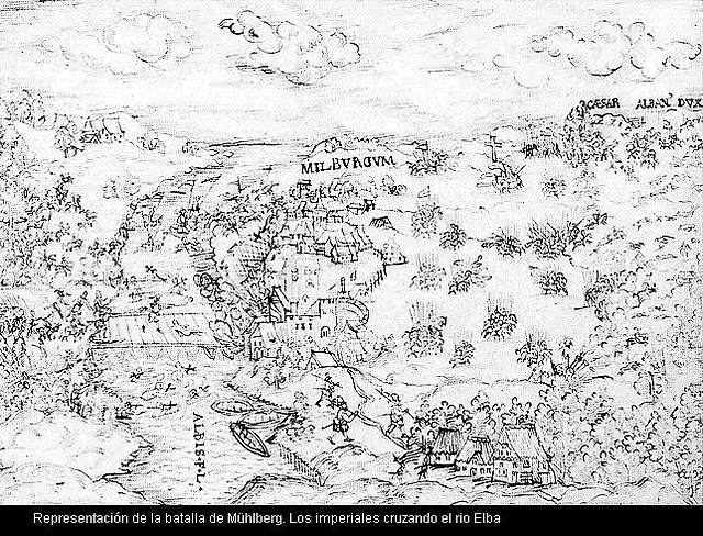 MUHLBERG. Los imperiales cruzando el Elba y atacando a los protestantes.