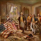 El nacimiento de la vieja gloria de Percy Edward Moran (c. 1917), representa la presentacin imaginada por Betsy Ross de la primera bandera americana a George Washington .