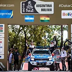 Xavier Pons and Ricardo Torlaschi at the start of the Dakar Rally before they finished third on the Prologue stage in heir Ford Ranger.