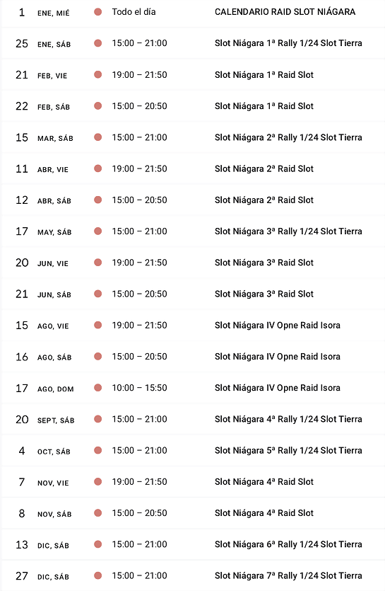 CALENDARIO RAID SLOT NIA&#769;GARA 2025