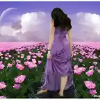 mujer con flores violeta