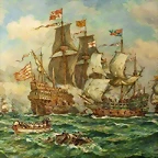 Accin herica del HMS Revenge contra la flota espaola1541. leo sobre lienzo Russel Cotes Art Gallery and Museum.Bernard Finegan Gribble.