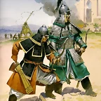 20-Asedio mongol de una ciudad asitica probablemente de Samarcanda. Dos jinetes pesados en primer plano, al fondo un trebuchete. Autor Angus McBride