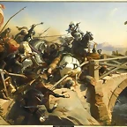 Bayard defend el pont Garigliano, por Henri-Felix Emmanuel Phillippoeaux.1839